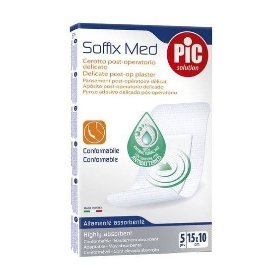 CEROTTO PIC SOFFIX MED IN TNT CON TAMPONE CENTRALE ASSORBENTE STERILE MONOUSO 10X15 CM ANTIBATTERICO 5 PEZZI
