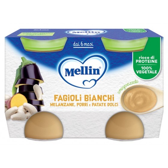 MELLIN OMOGENEIZZATO FAGIOLI BIANCHI E MELANZANE 2 PEZZI DA130 G